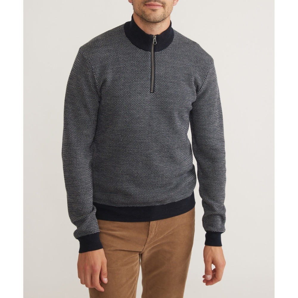 Marine Layer Men's Merino Wool Quarter Zip Sweater Navy White Knit Mock Neck L